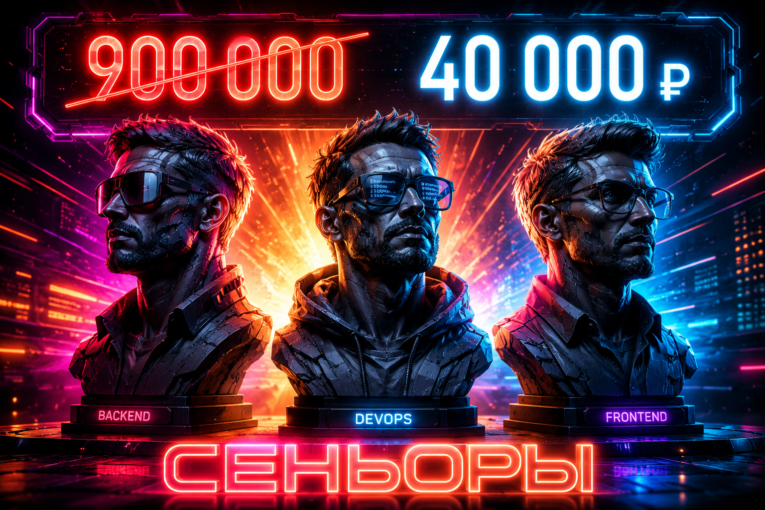 Три бюста-сеньора Backend, DevOps, Frontend; 900 000 перечёркнуто, рядом 40 000 ₽; подпись Сеньоры